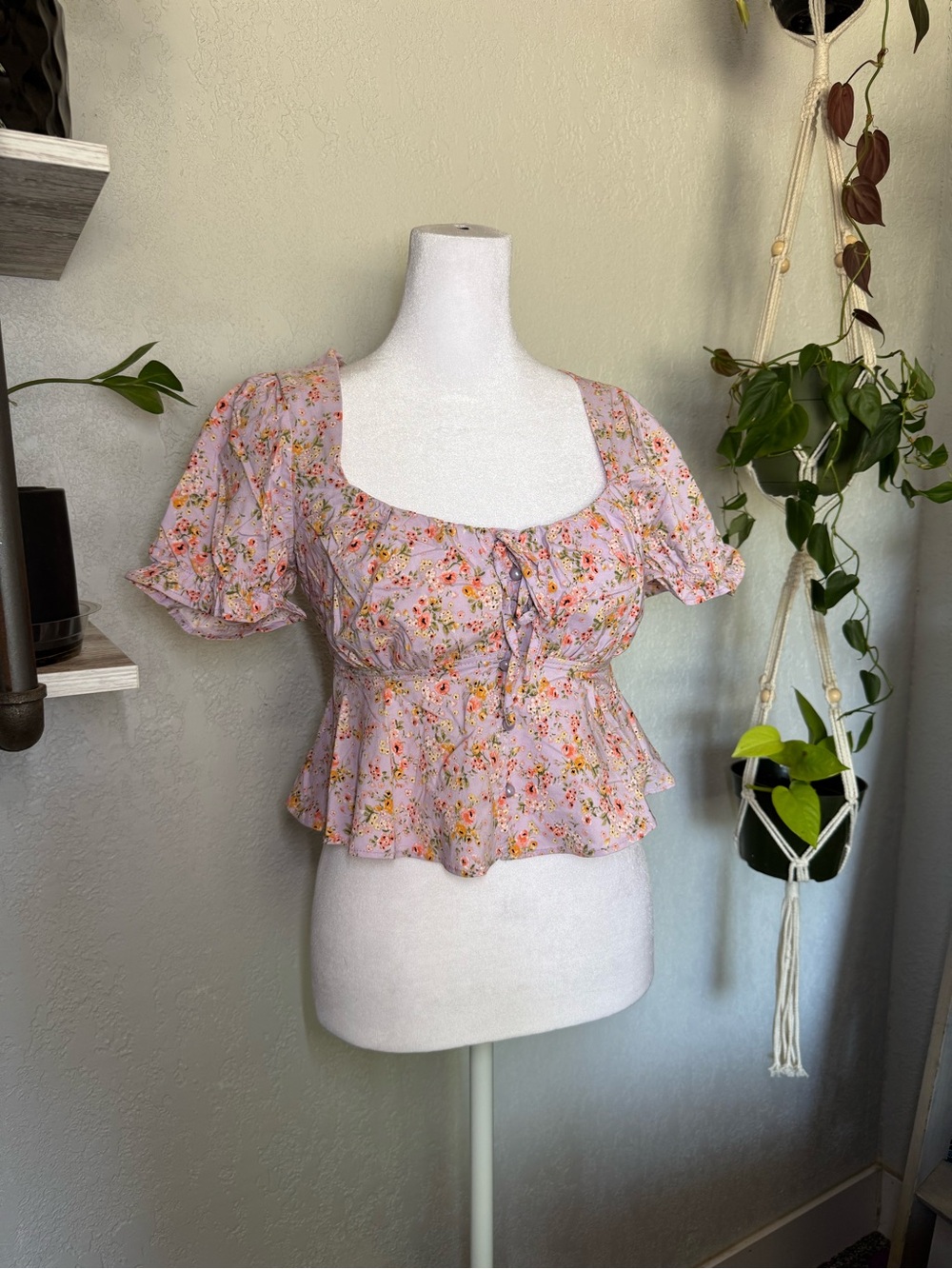 Haute Monde Lilac Floral Puff Sleeve Peplum Top Slightly Cropped